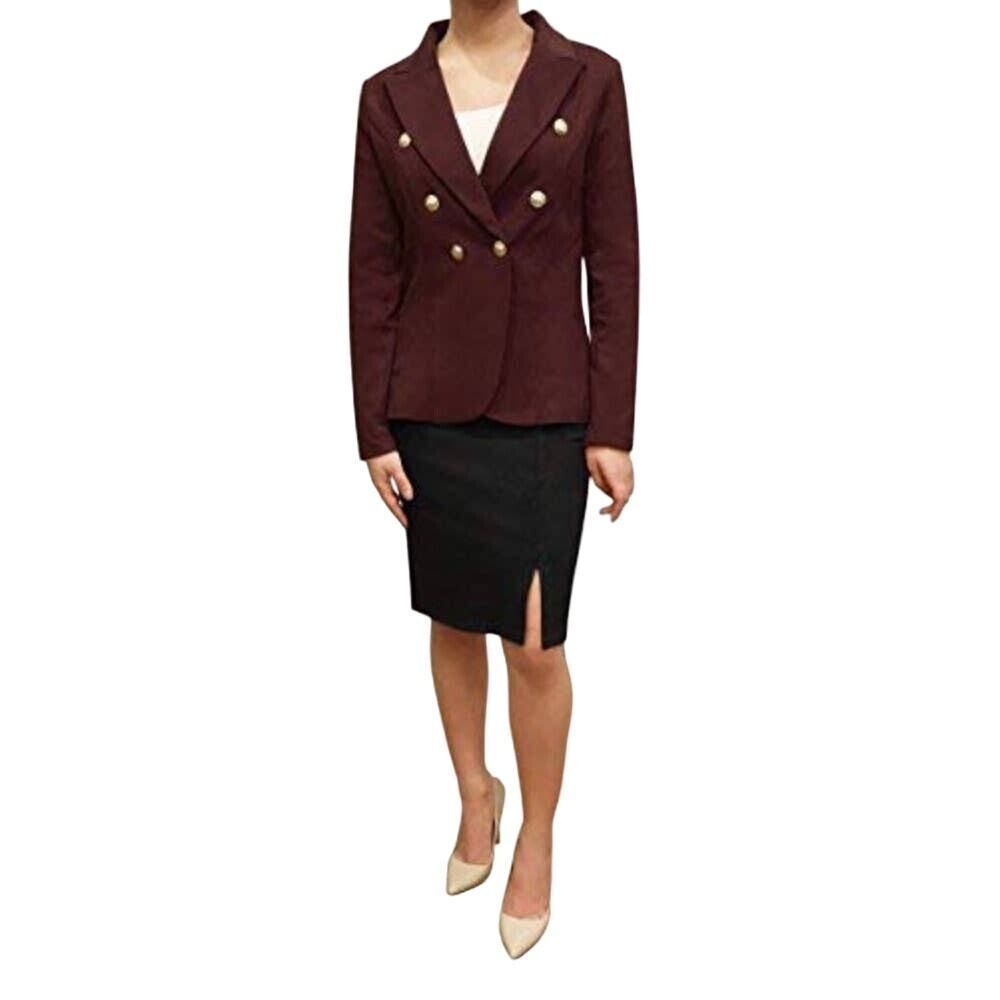Women Casual Work Office Blazer Jacket Gold Button onThe Sleeves (XXL, Burgendy)